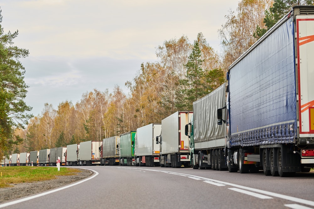 A queue of semi trucks