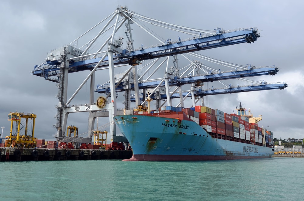 Cargo ship getting unloaded by cranes