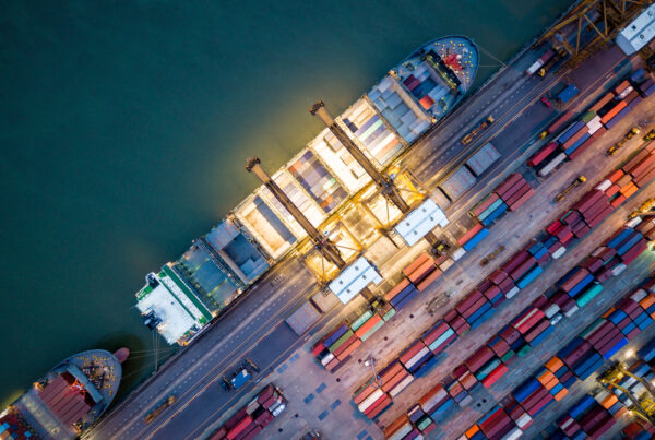 Arial view of cargo ship at port