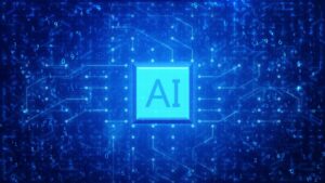 artificial intelligence concept on blue circuitry background