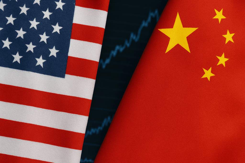 U.S. and China flags with chart behind them