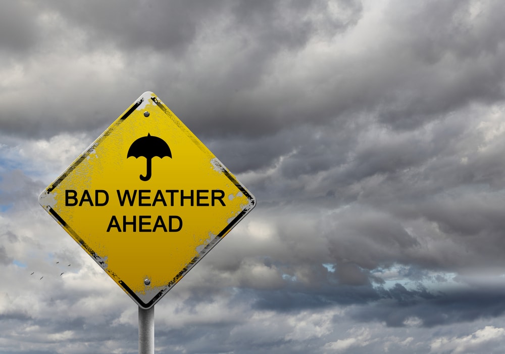 bad weather ahead road sign with clouds