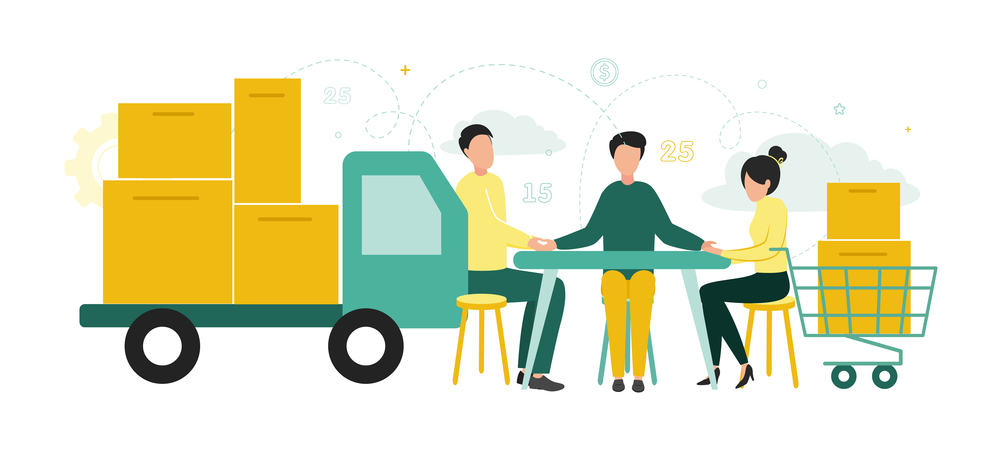 eople are sitting at the table, to their left is a truck with boxes, to the right is a cart with boxes, with gears in the background. Vector illustration.