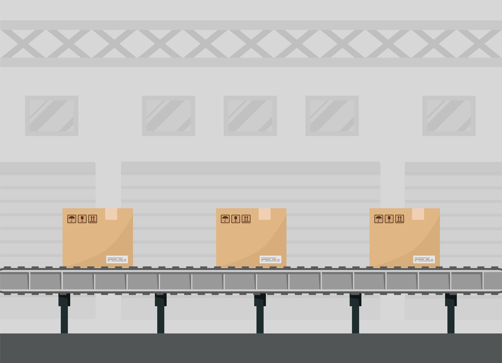 vector styled image of three boxes on a conveyer belt