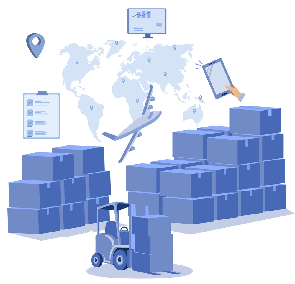 purple and grey vector images of boxes, pallet jacks, monitors, clip boards, airplanes, and map of the world