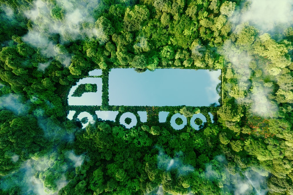 ariel view of a semi cut out among trees