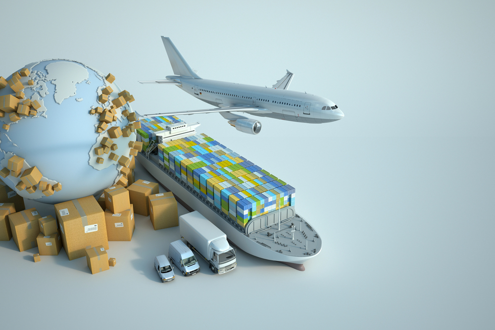 airplane, a globe with boxes on the continents, boxes surrounding the globe, with trucks and vans by a cargo ship.