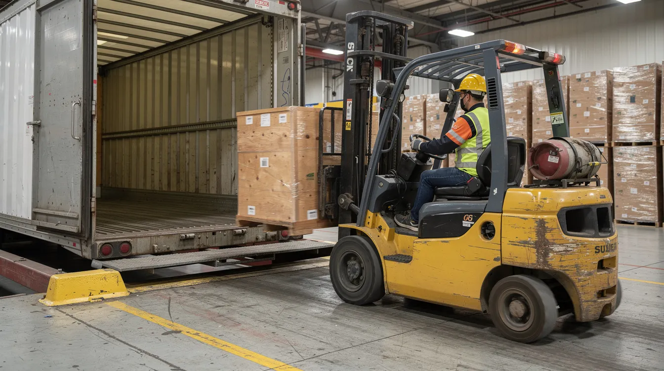 A forklift operator is skillfully positioning a pallet inside a 53-foot trailer, ensuring that the palletized load is loaded straight for maximum space utilization. The operator focuses on achieving a stable load while navigating tight loading conditions to optimize the trailer's capacity.