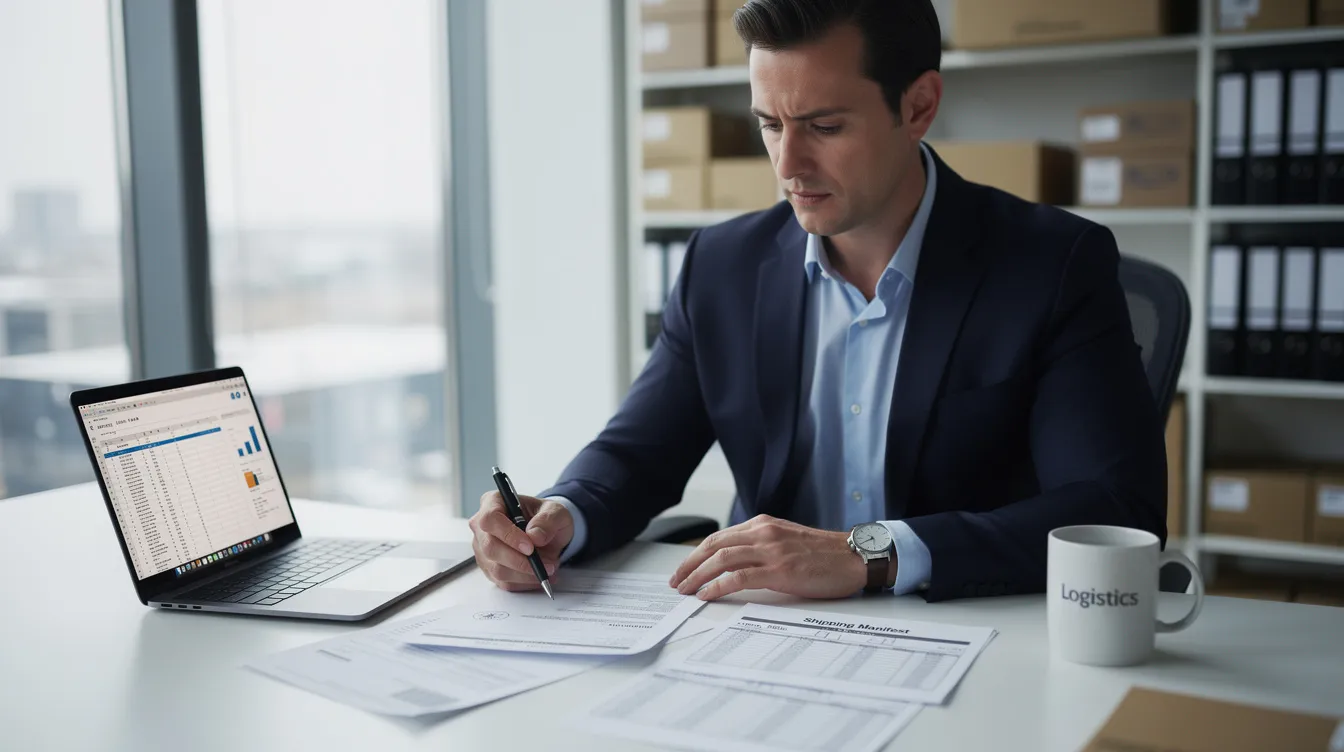 A business professional is seated at a desk, meticulously reviewing shipping documents, including a freight bill and shipping agreement, as they assess transportation costs and manage logistics for freight shipments. The scene captures the essence of the shipping process, highlighting the importance of understanding shipping terms like freight collect and prepaid freight in the supply chain.