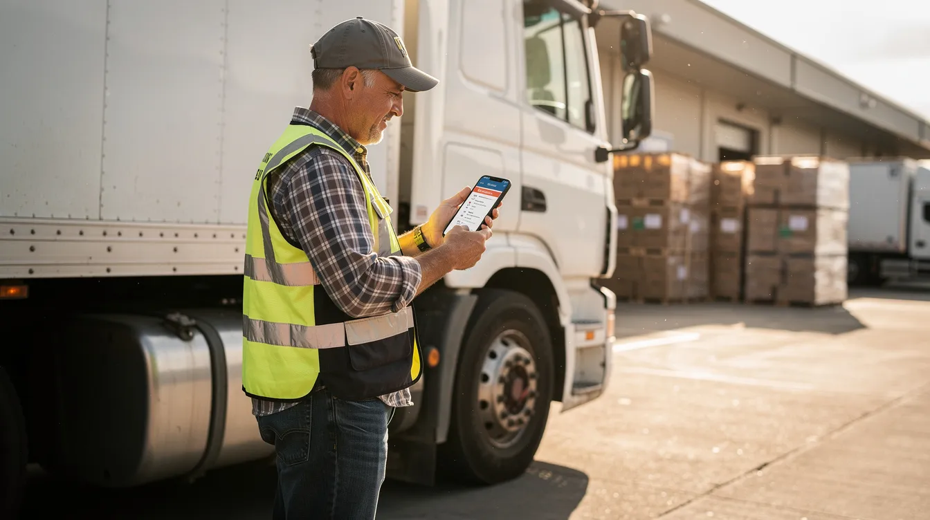 A truck driver stands at a delivery site, focused on using a smartphone to manage the unloading process of freight. The setting likely involves coordination with lumper services, which assist in unloading cargo, and the driver may be handling payments for lumper fees associated with the delivery.