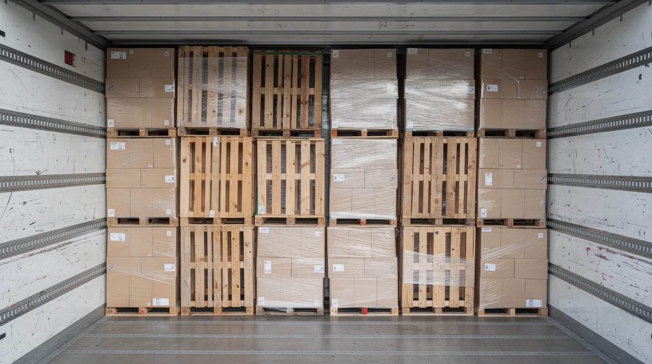 A top-down view of a 53-foot freight trailer reveals loaded pallets arranged in alternating orientations, showcasing a pinwheel loading technique that maximizes space utilization. The layout demonstrates various load orientations, creating a seemingly stable load while adhering to tight loading conditions.