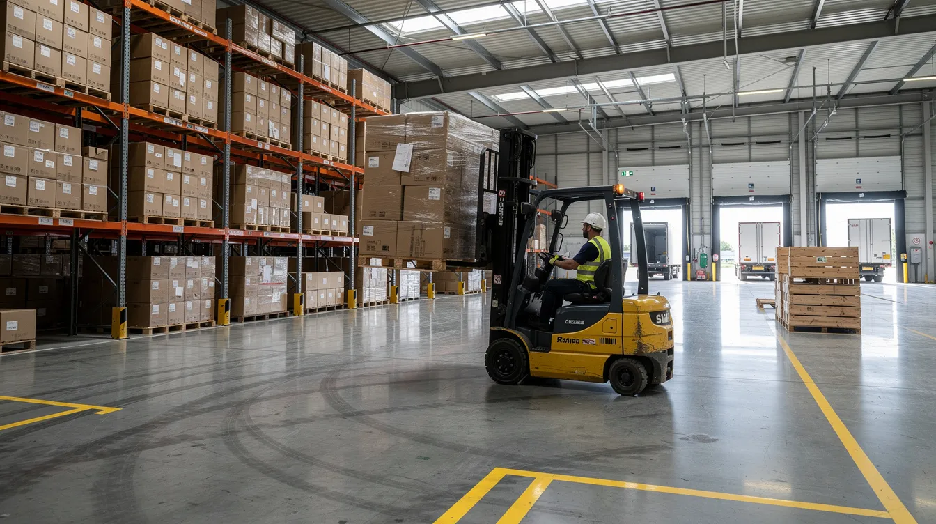 A forklift operator is maneuvering pallets inside a spacious warehouse equipped with loading docks, facilitating the unloading process of freight. This scene highlights the logistics operations involved in food warehousing, where careful handling and efficient operations are crucial for managing perishable goods.
