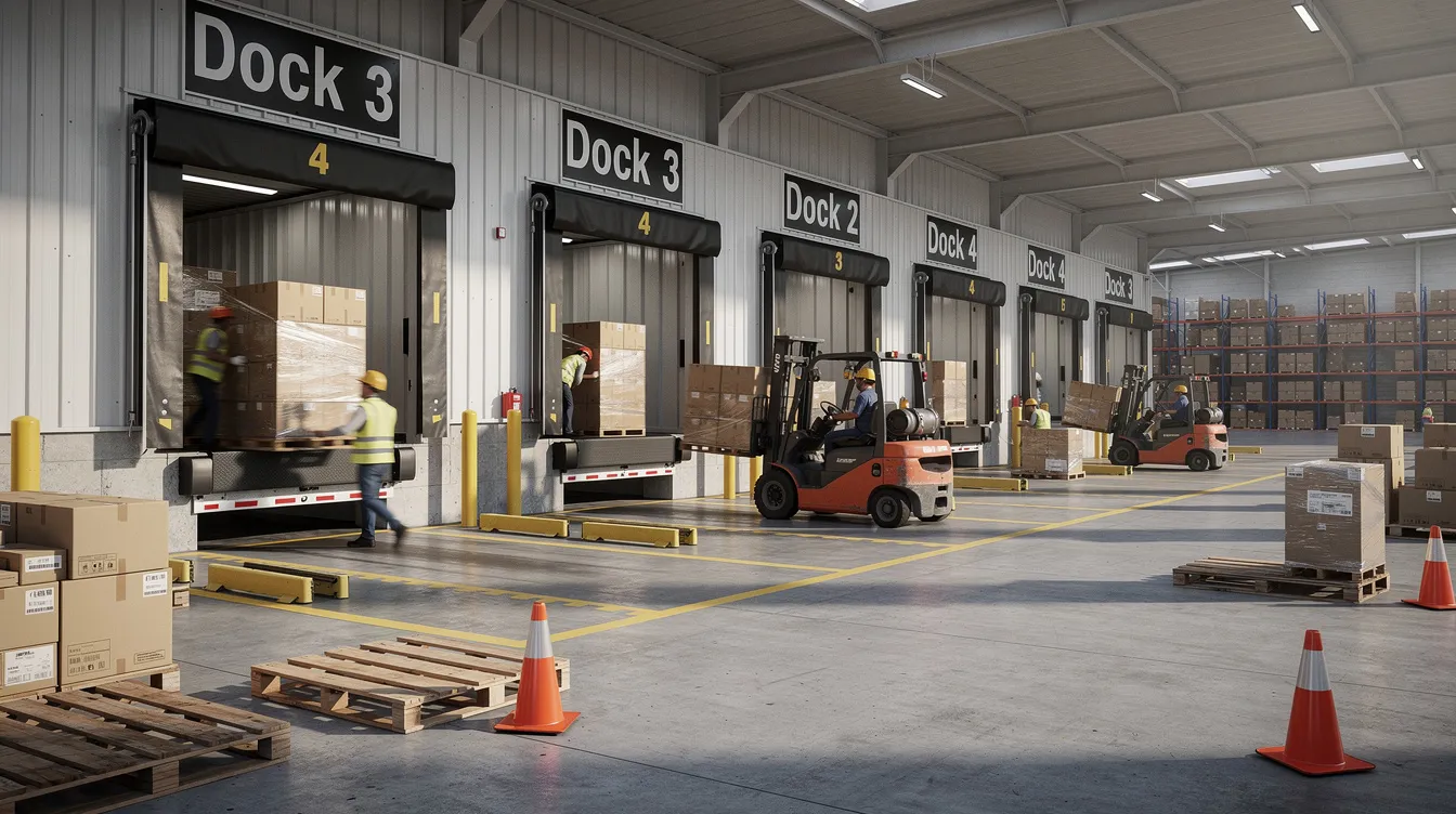 The image depicts a busy warehouse dock where freight trucks are being loaded with goods, showcasing the logistics process involved in freight shipping. This scene highlights the importance of shipping arrangements and freight costs in the transportation industry.