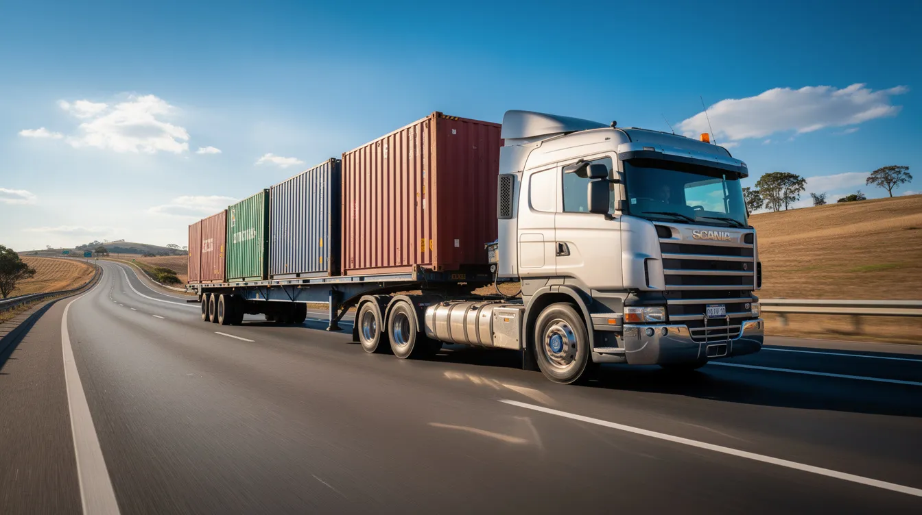 A freight truck is seen traveling on a highway, loaded with multiple shipping containers, highlighting the logistics of freight shipping. This image represents the transportation process involved in moving goods, which can include various shipping terms like freight prepaid and freight collect.