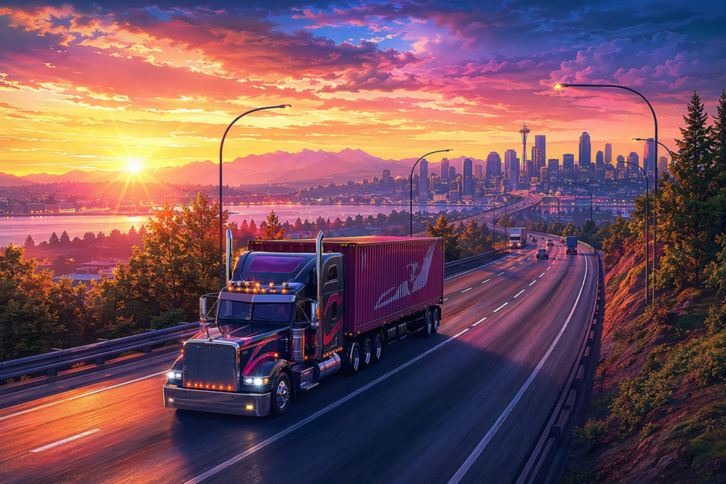 semi truck driving on the highway with a body of water and city skyline in the background