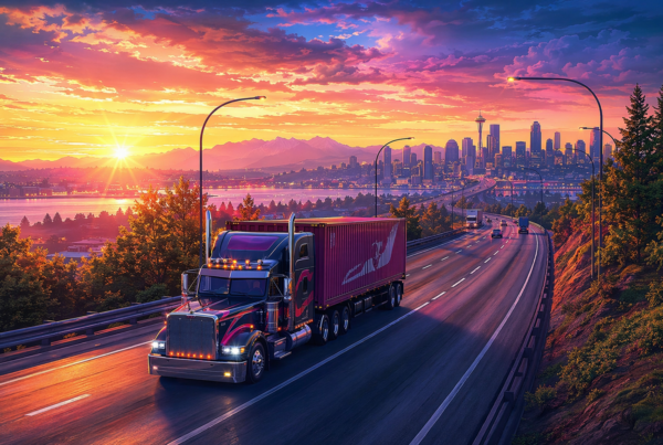 semi truck driving on the highway with a body of water and city skyline in the background