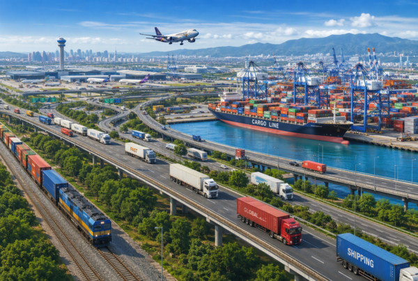 ariel view of traffic, train on the rail, cargo ship, and airplane