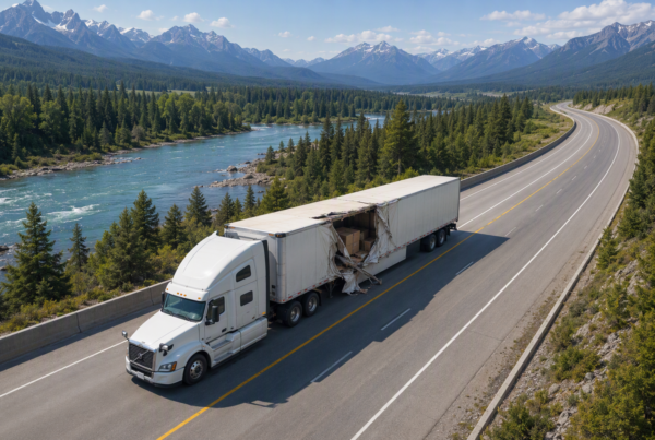 white truck driving down the highway with the trailer ripped open